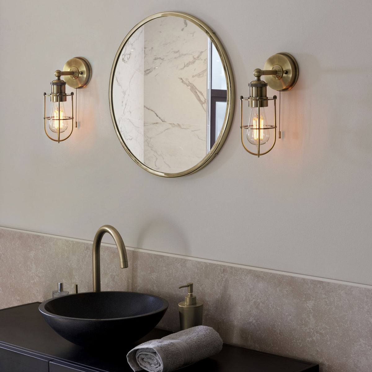 Crew Caged IP44 Switched Wall Light in Antique Brass