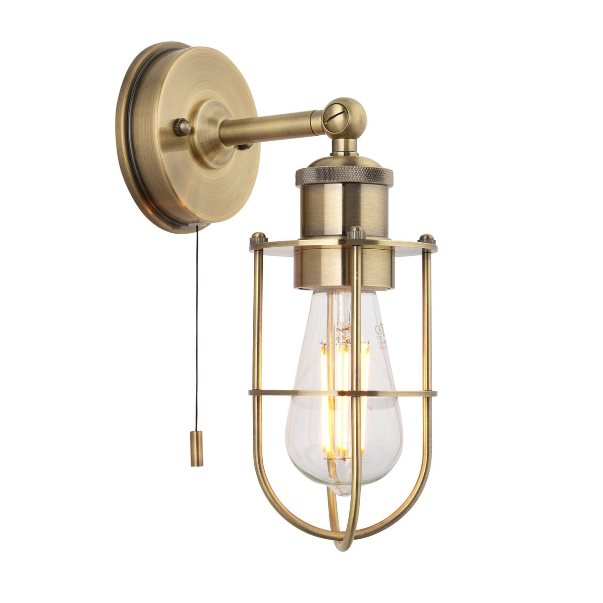 Crew Caged IP44 Switched Wall Light in Antique Brass