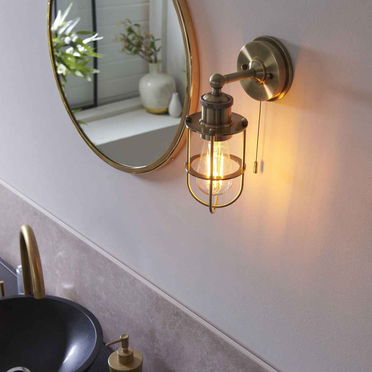 Crew Caged IP44 Switched Wall Light in Antique Brass
