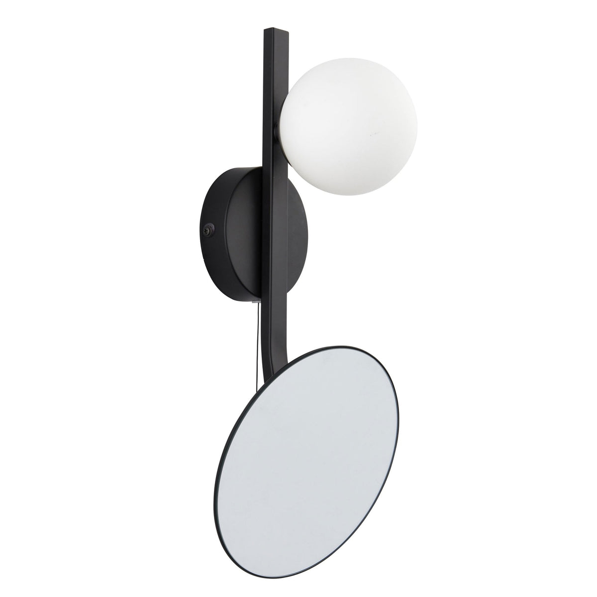Black wall light with an opaque spherical bulb and an attached circular mirror.