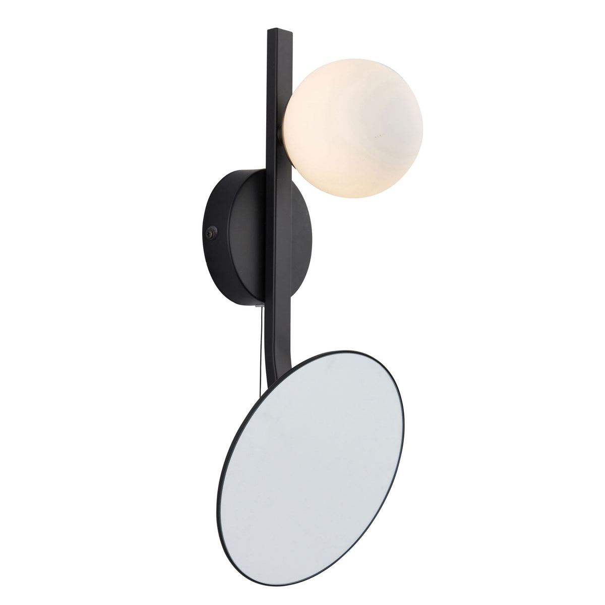 Black wall light with a frosted spherical bulb and an attached circular mirror.