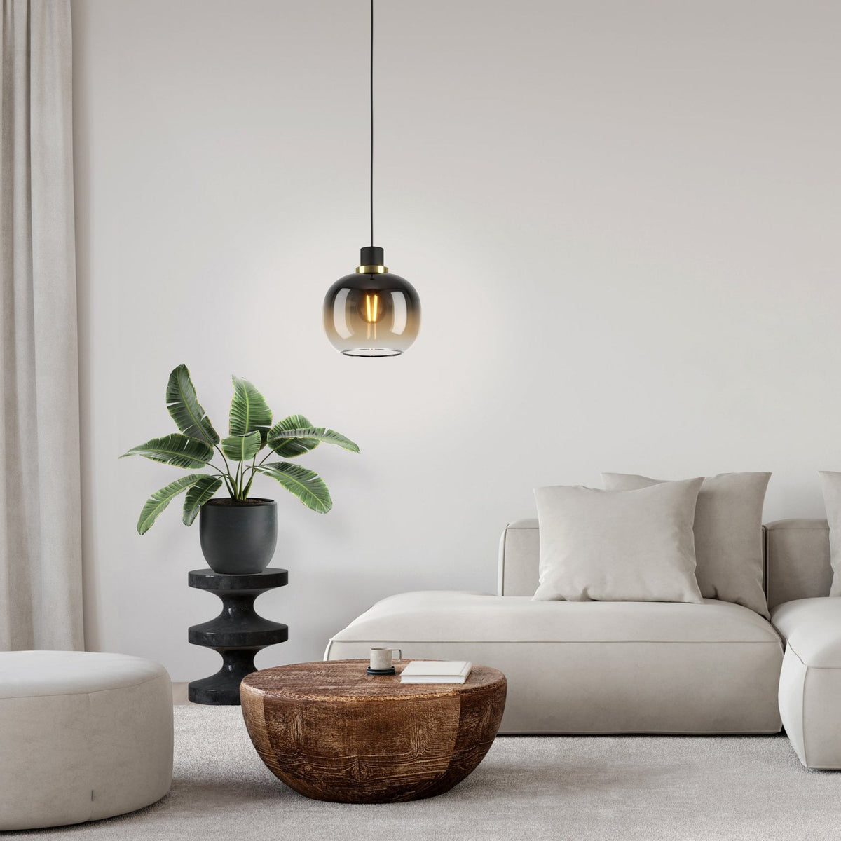 Oilella Single Pendant in Black & Brass with Vaporized Black to Brown Glass