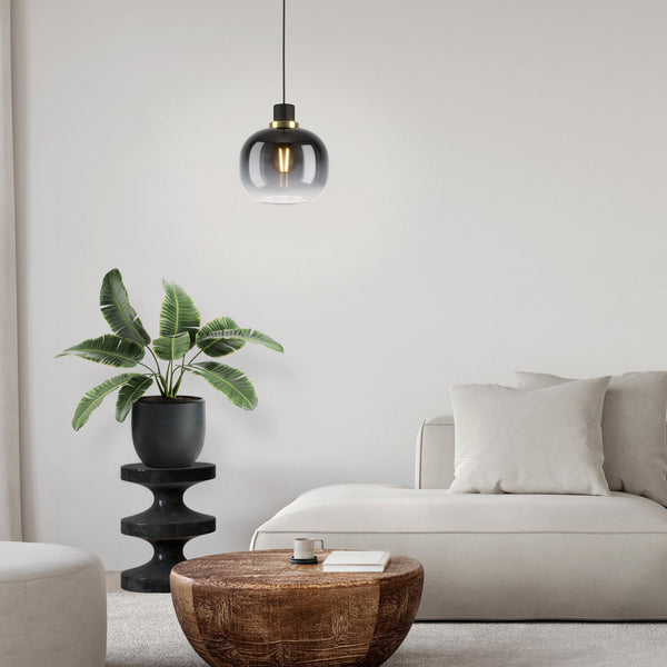 Oilella Single Pendant in Black & Brass with Vaporized Black to Grey Glass