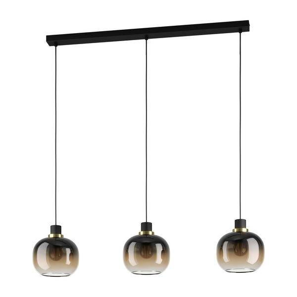 Oilella Three Drop Pendant in Black & Brass with Vaporized Black to Brown Glass