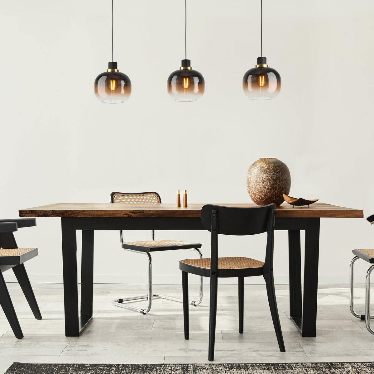 Oilella Three Drop Pendant in Black & Brass with Vaporized Black to Brown Glass