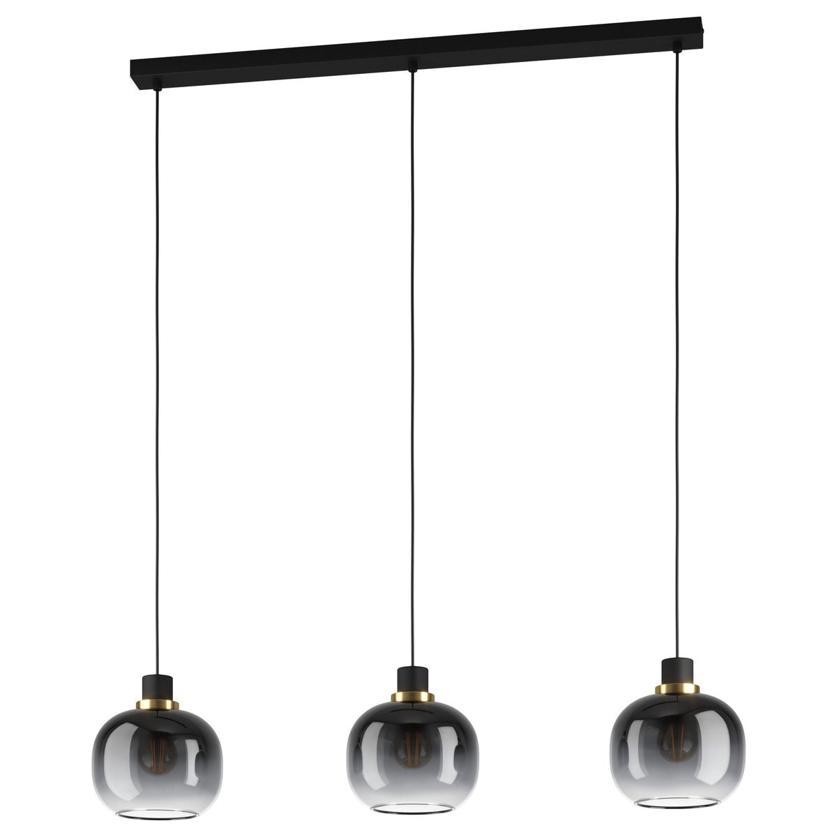 Oilella Three Drop Pendant in Black & Brass with Vaporized Black to Grey Glass