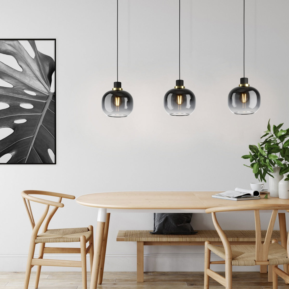 Oilella Three Drop Pendant in Black & Brass with Vaporized Black to Grey Glass