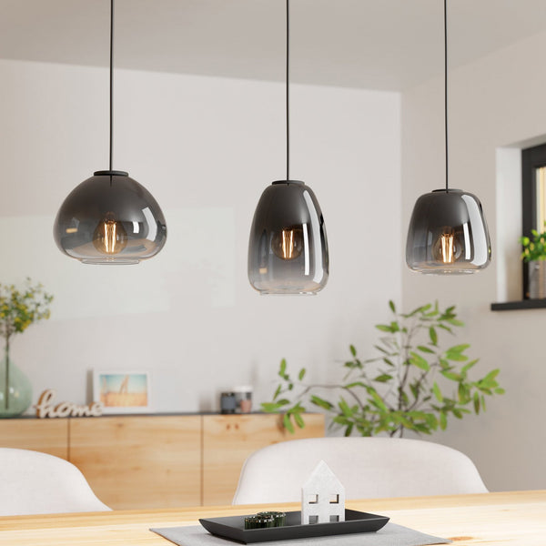 Aguilares Triple Drop Linear Pendant in Black with Vaporized Black to Grey Glass