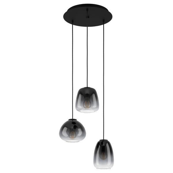 Aguilares Triple Drop Round Pendant in Black with Vaporized Black to Grey Glass