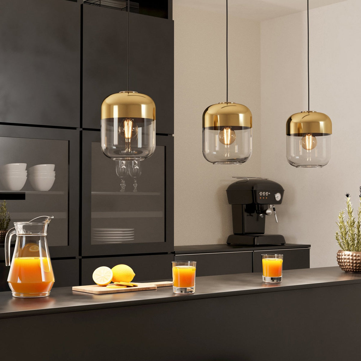 Maryvilla Triple Drop Linear Pendant with Gold Topped Clear Glass Shades