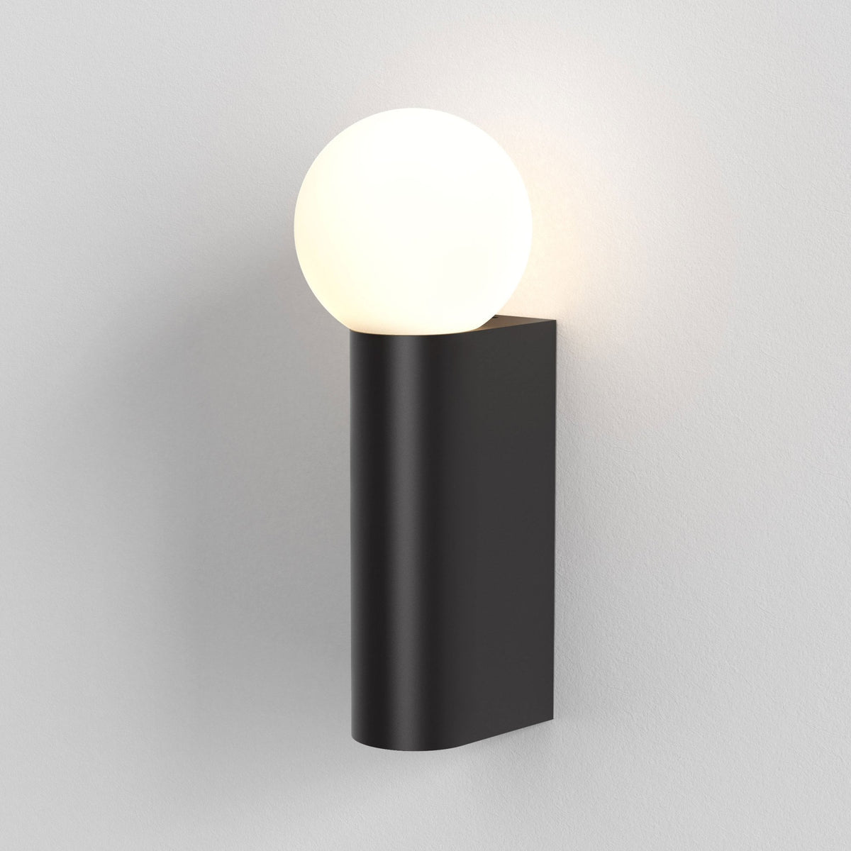 Black wall light with a spherical white bulb