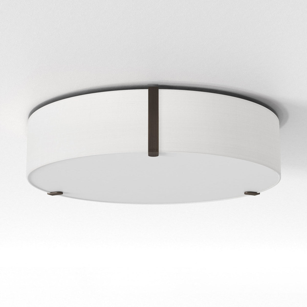 Round ceiling light with white fabric shade and dark bronze accents