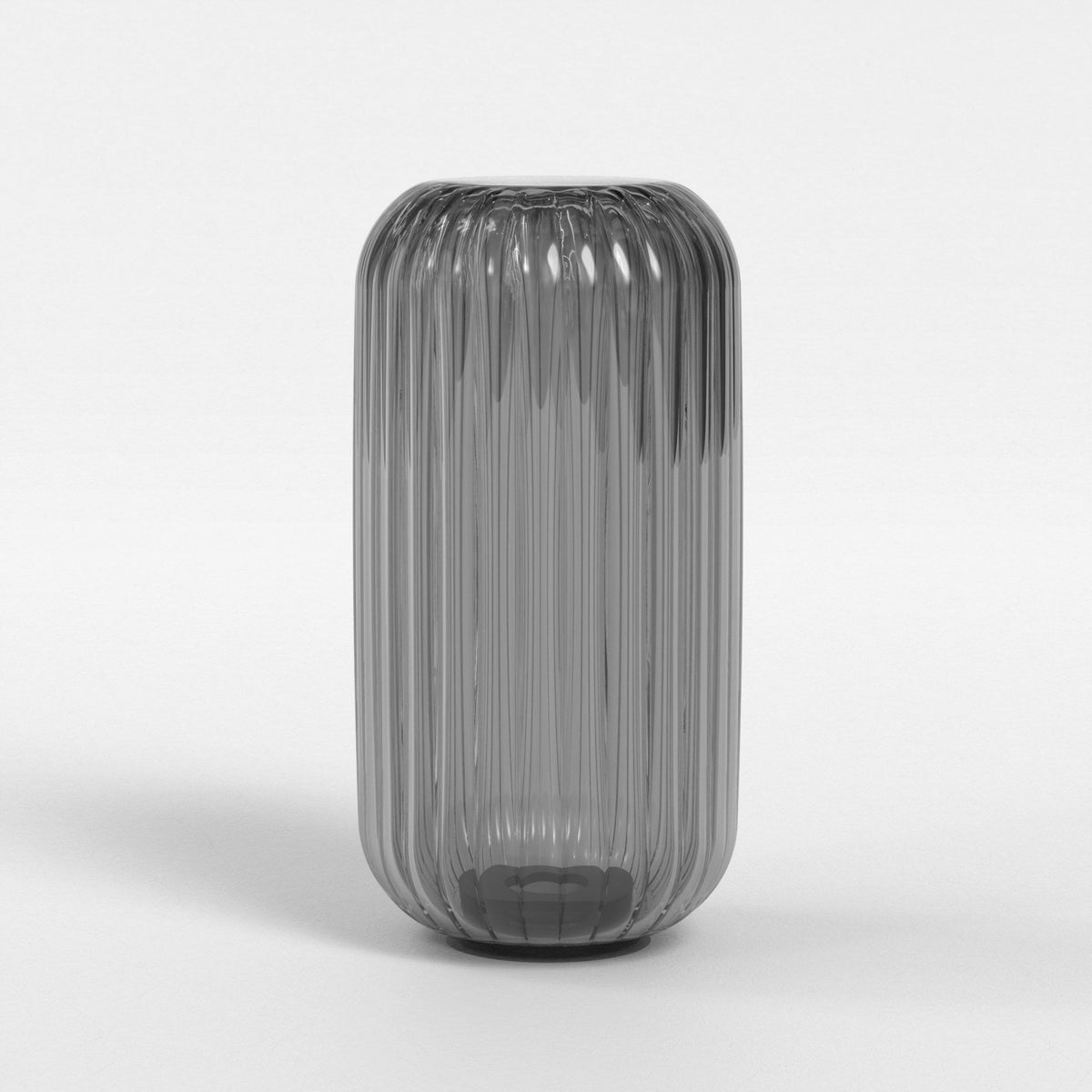 Grey ribbed glass vase with rounded top and bottom