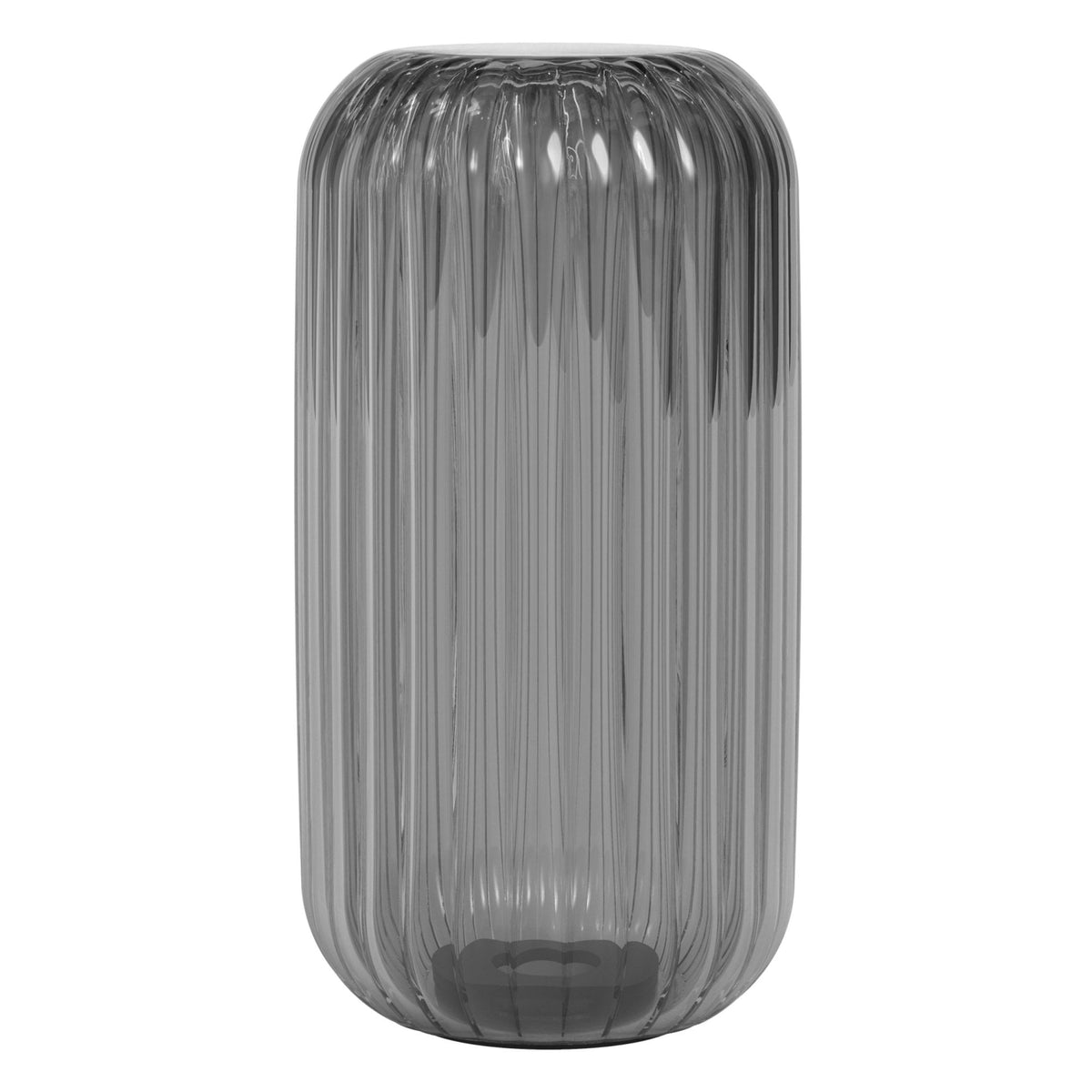 Grey glass vase with vertical ridges