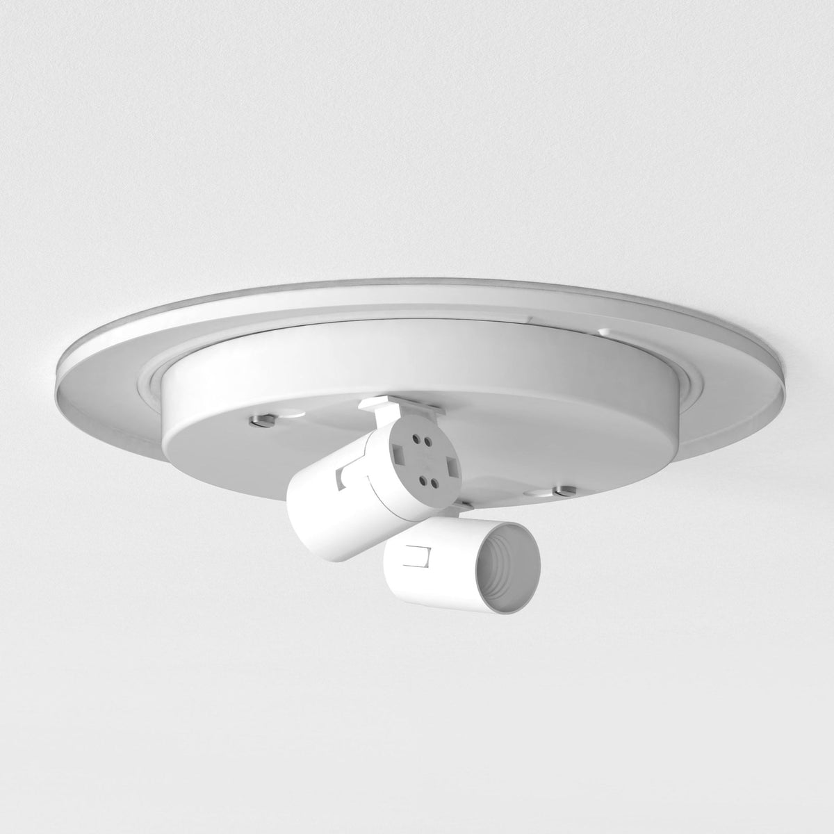 White ceiling light fixture with two adjustable bulb sockets