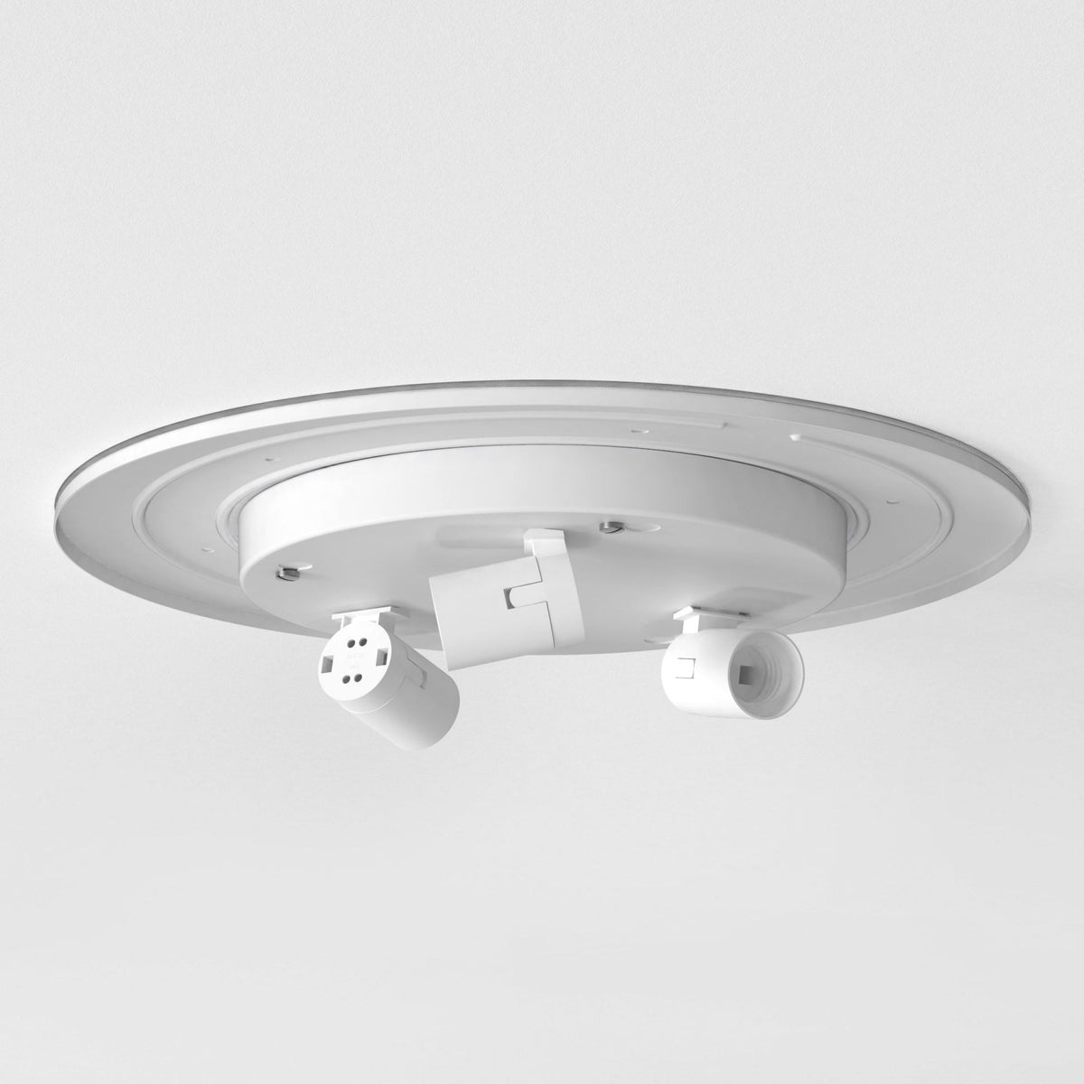 White ceiling light fixture with two adjustable bulb sockets