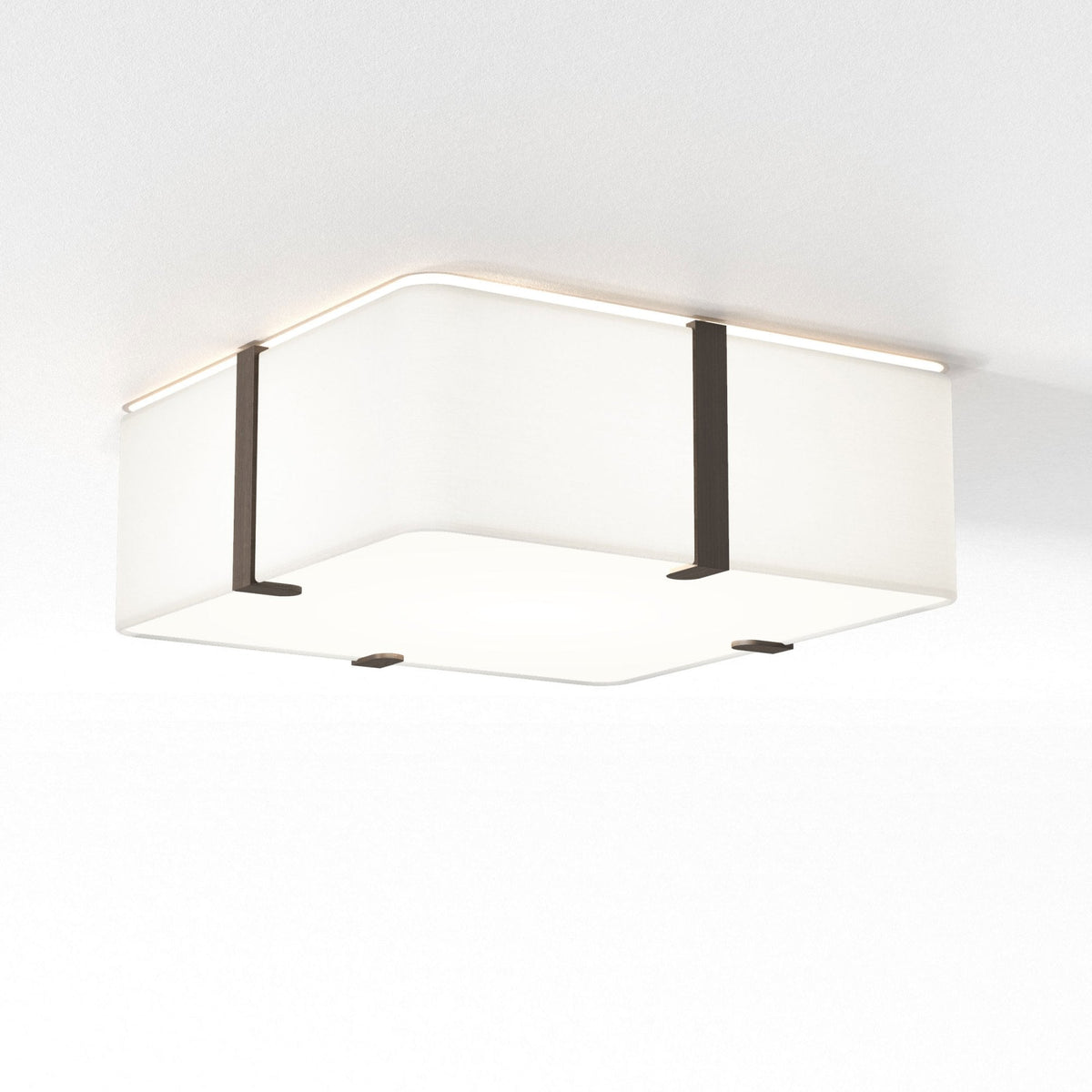 Square ceiling light with a white diffuser and dark bronze metal accents