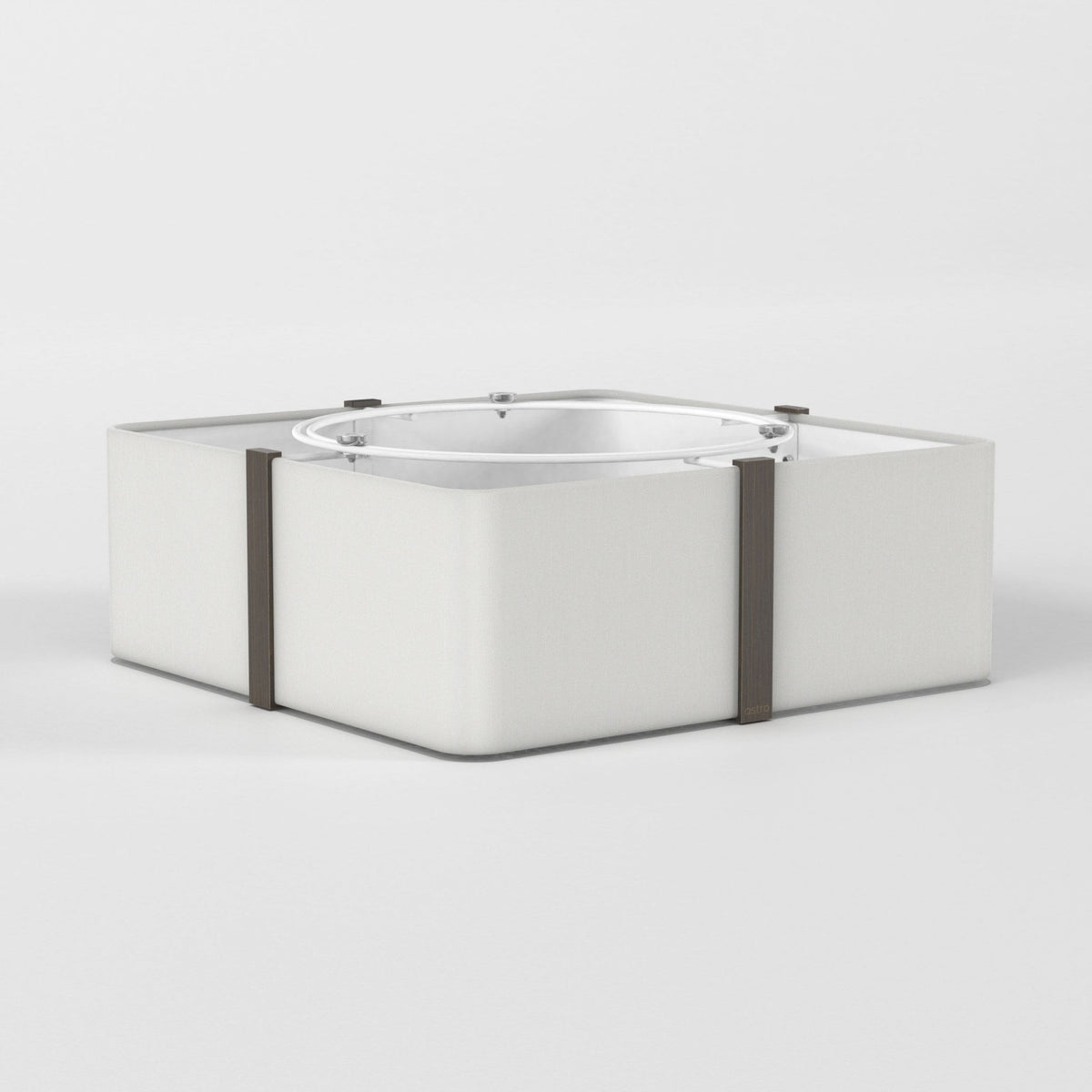 Square white fabric lampshade with dark brown vertical accents and a metal frame visible at the top