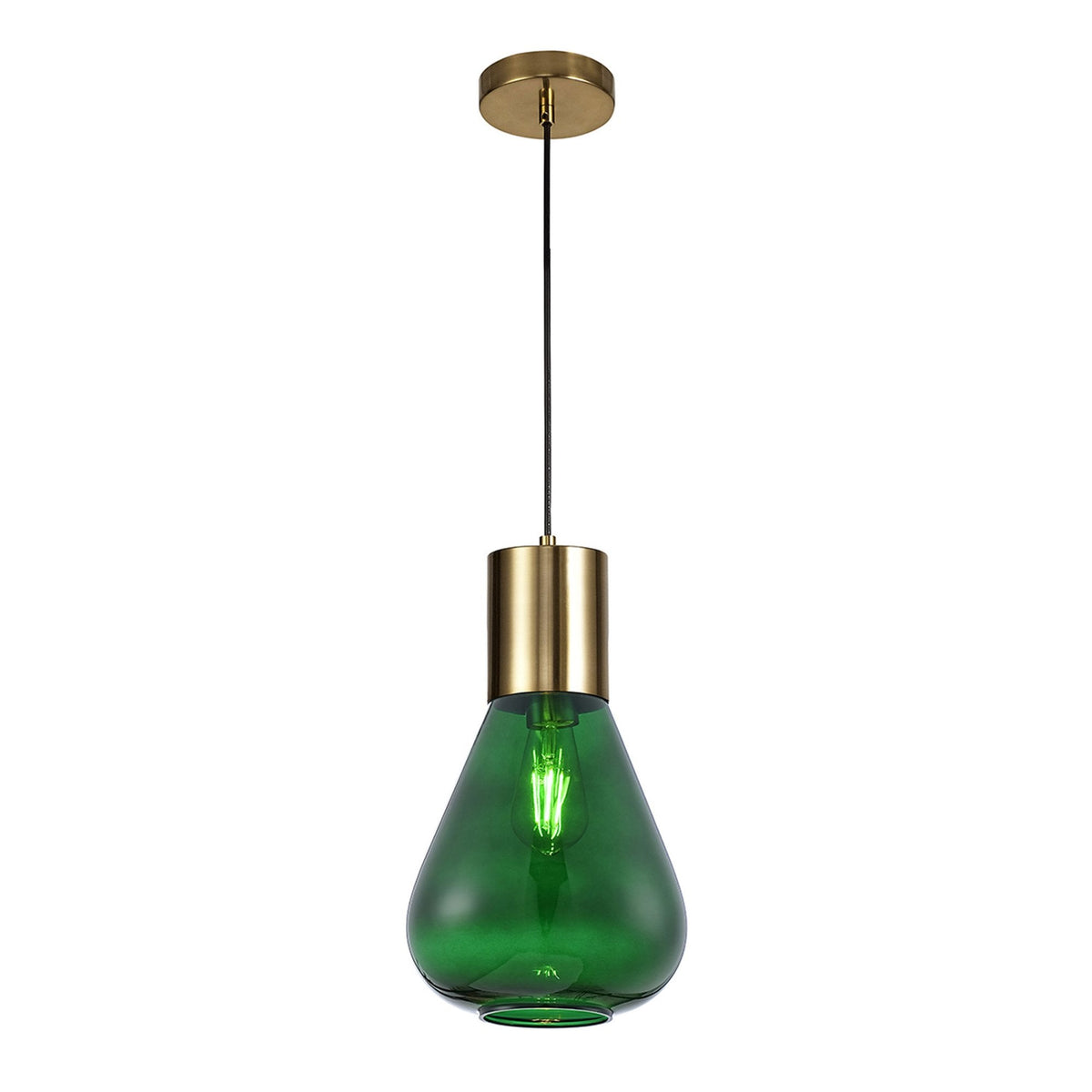 Roborough Narrow Pendant in Ancient Brass & Bottle Green Glass