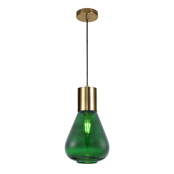 Roborough Narrow Pendant in Ancient Brass & Bottle Green Glass