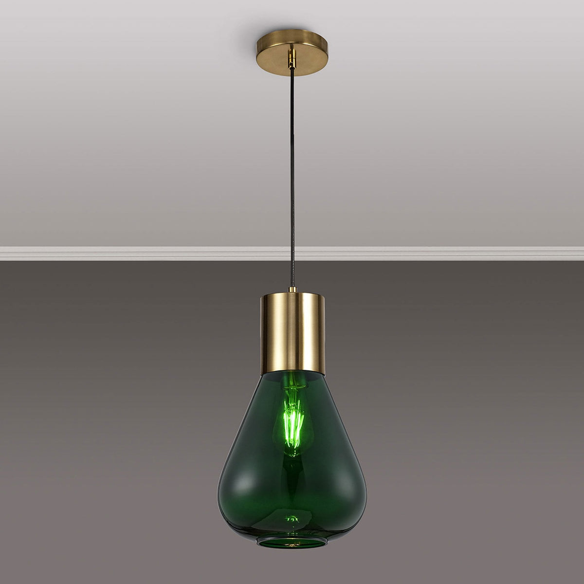 Roborough Narrow Pendant in Ancient Brass & Bottle Green Glass