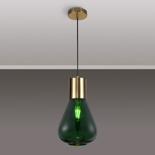 Roborough Narrow Pendant in Ancient Brass & Bottle Green Glass