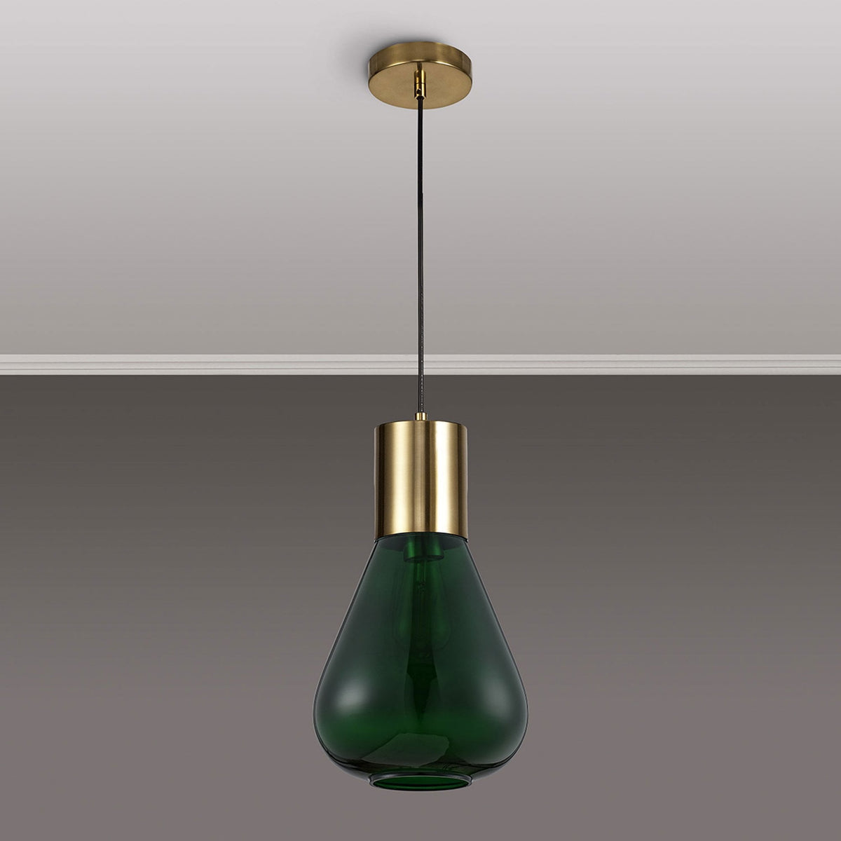 Roborough Narrow Pendant in Ancient Brass & Bottle Green Glass