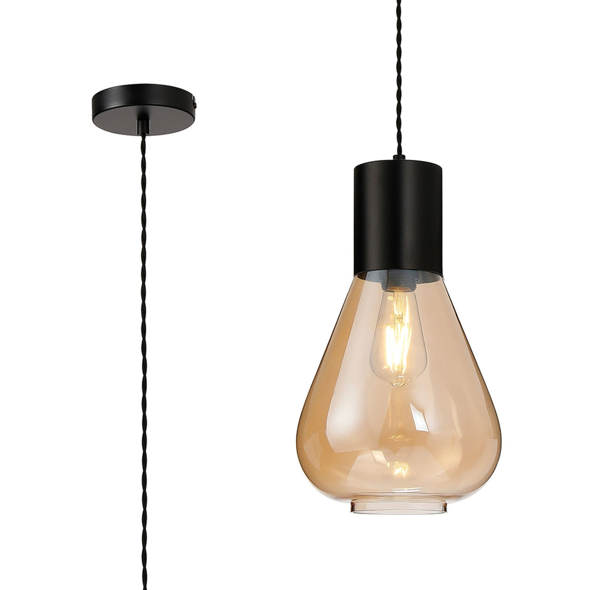 Roborough Narrow Pendant in Satin Black & Amber Glass