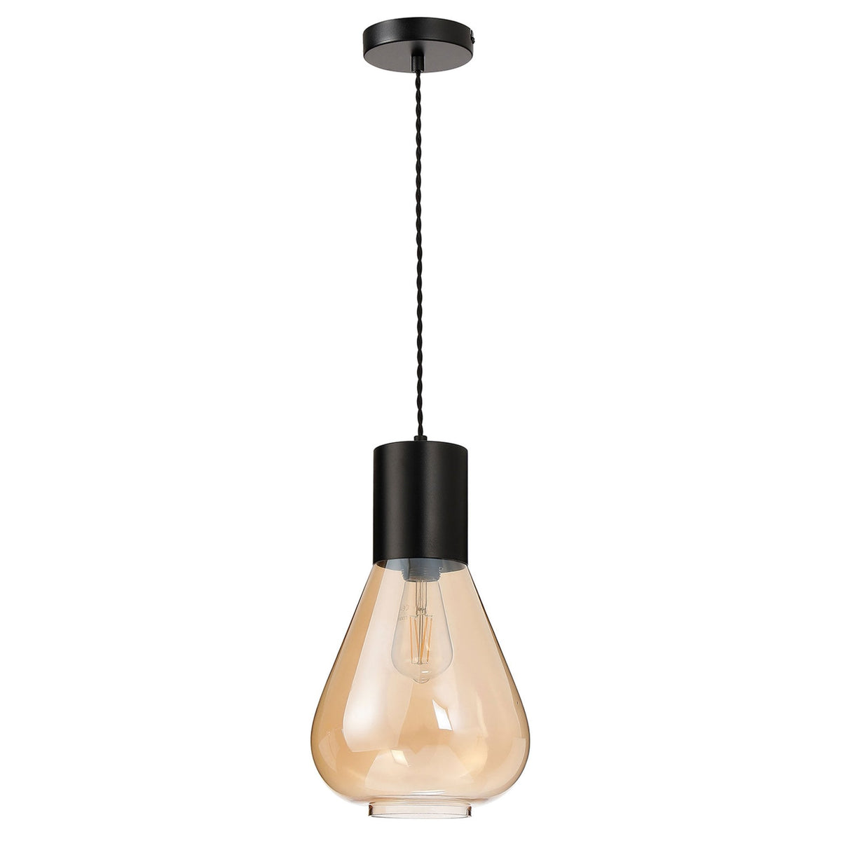 Roborough Narrow Pendant in Satin Black & Amber Glass