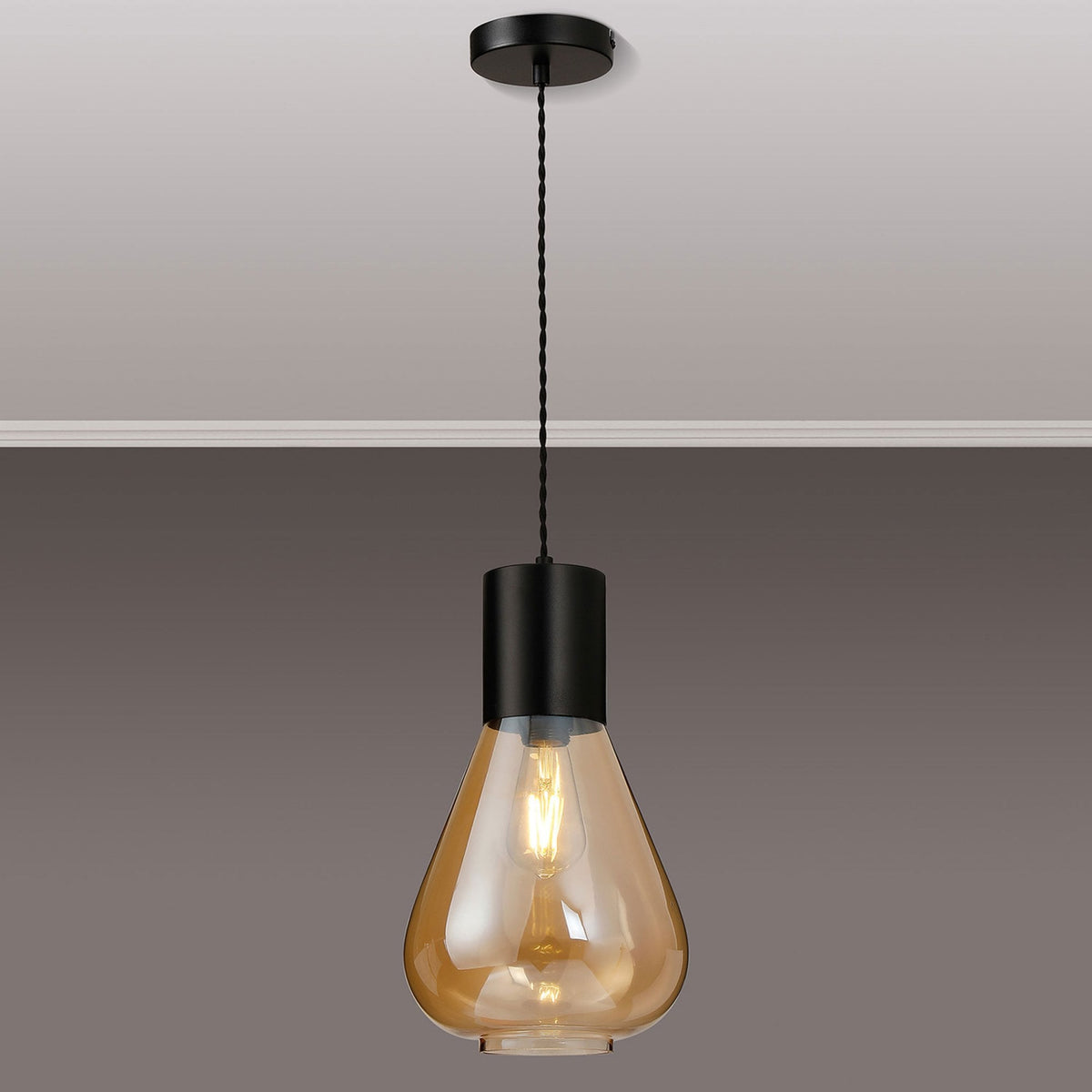 Roborough Narrow Pendant in Satin Black & Amber Glass