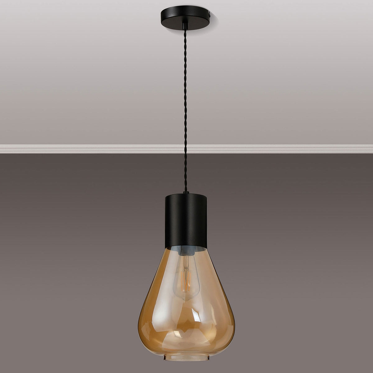 Roborough Narrow Pendant in Satin Black & Amber Glass