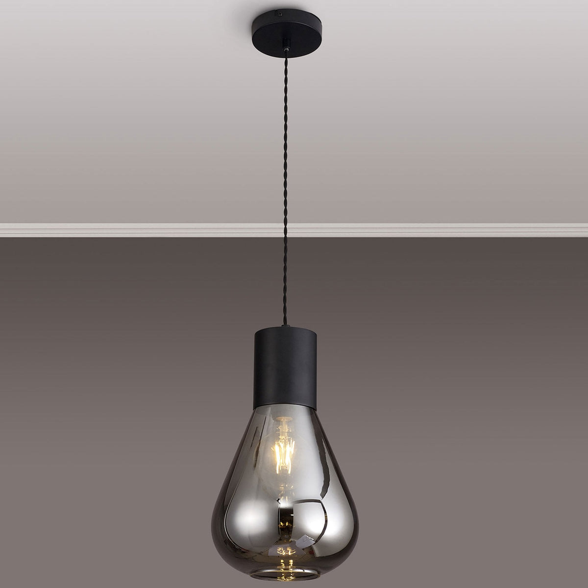 Roborough Narrow Pendant in Satin Black & Smoked Plated Glass