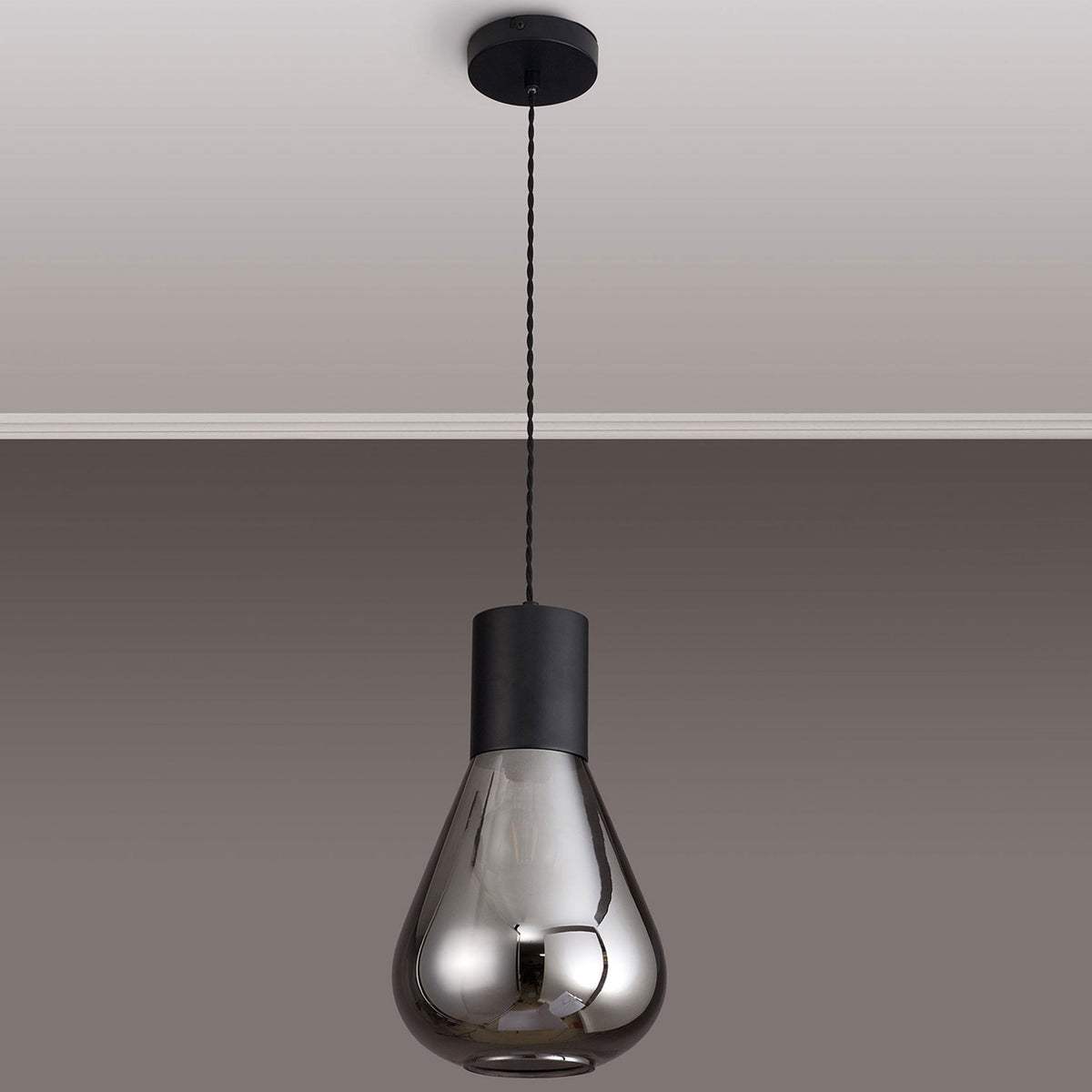 Roborough Narrow Pendant in Satin Black & Smoked Plated Glass