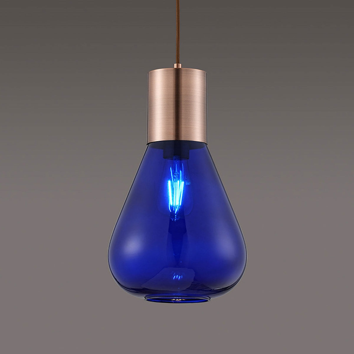 Roborough Narrow Pendant in Antique Copper & Blue Ink Glass