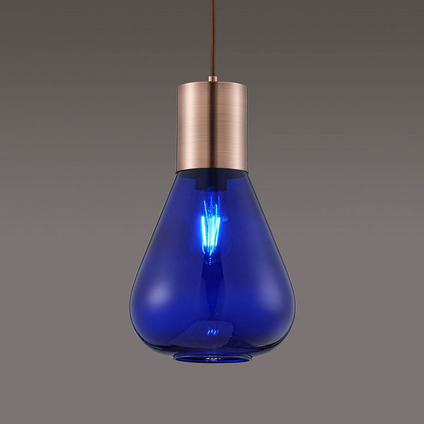 Roborough Narrow Pendant in Antique Copper & Blue Ink Glass