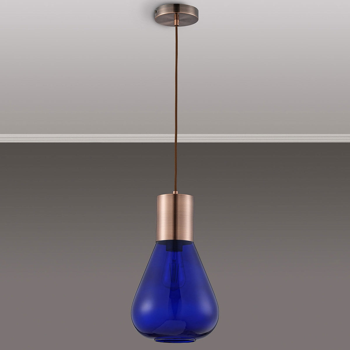 Roborough Narrow Pendant in Antique Copper & Blue Ink Glass