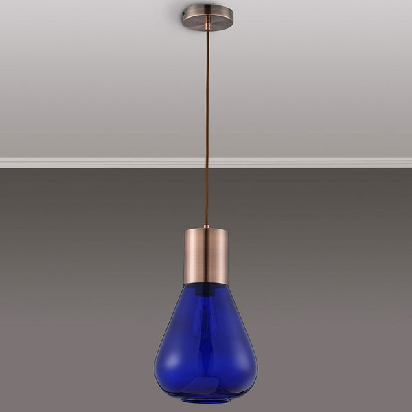 Roborough Narrow Pendant in Antique Copper & Blue Ink Glass
