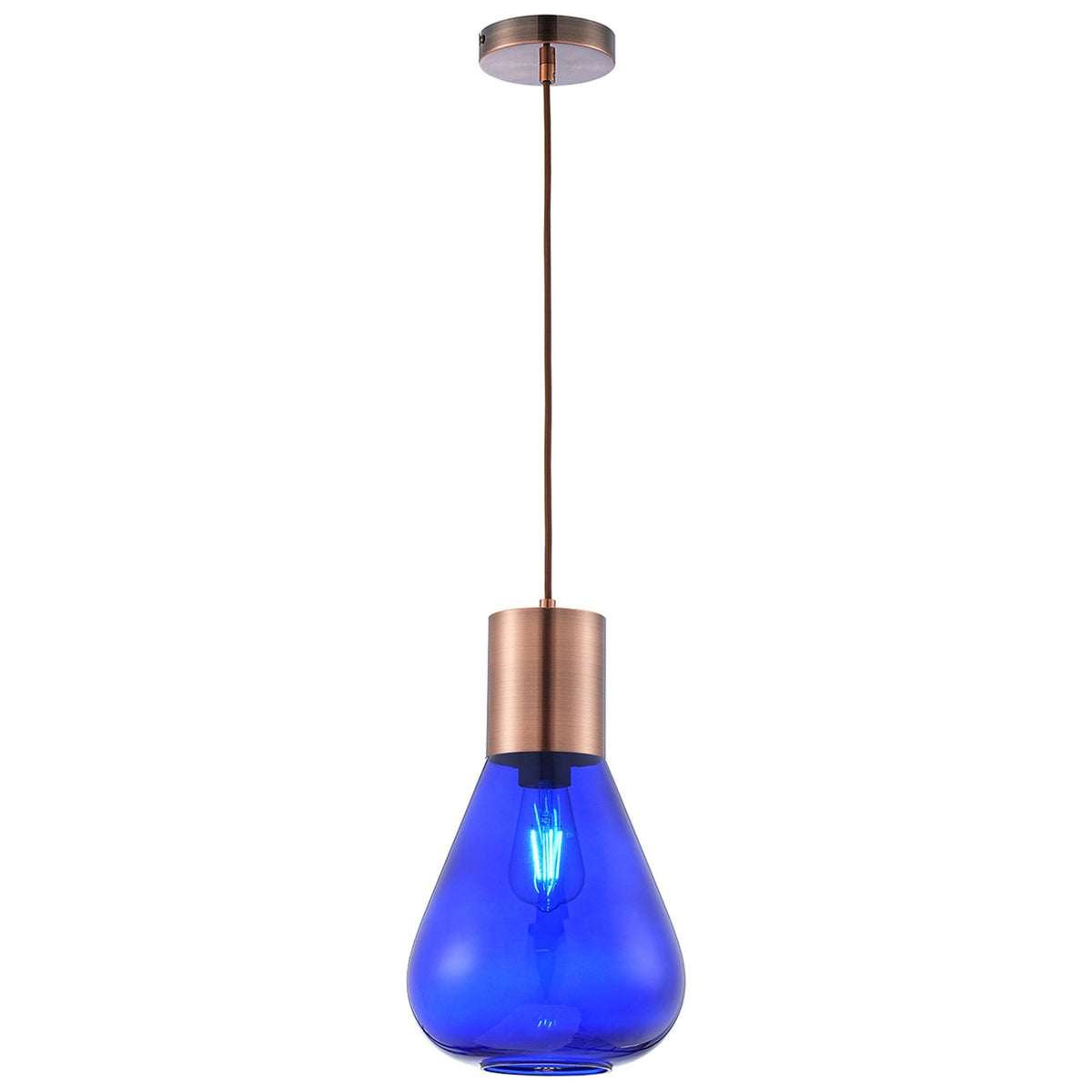 Roborough Narrow Pendant in Antique Copper & Blue Ink Glass