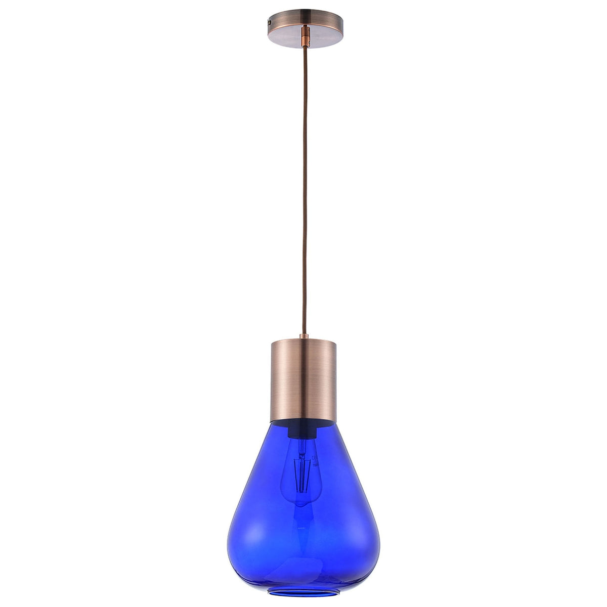 Roborough Narrow Pendant in Antique Copper & Blue Ink Glass
