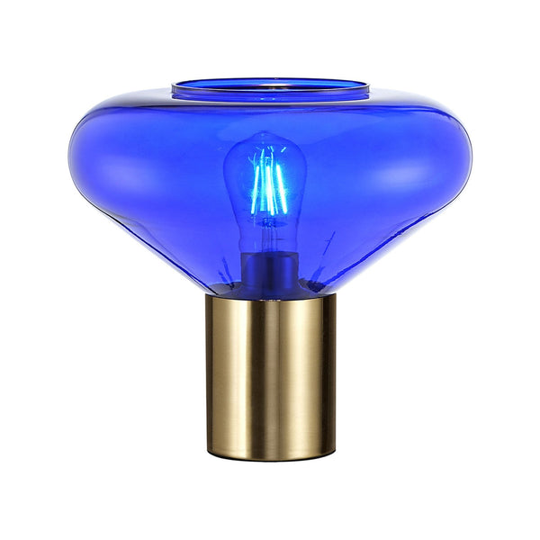 Roborough Wide Table Lamp in Ancient Brass & Blue Ink Glass