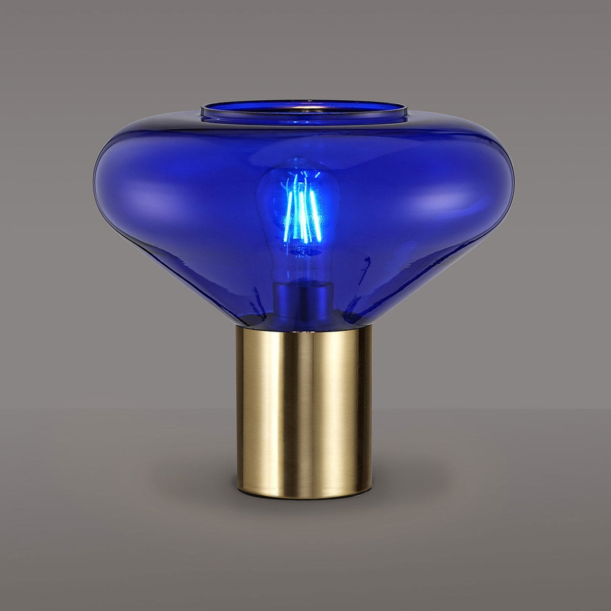 Roborough Wide Table Lamp in Ancient Brass & Blue Ink Glass