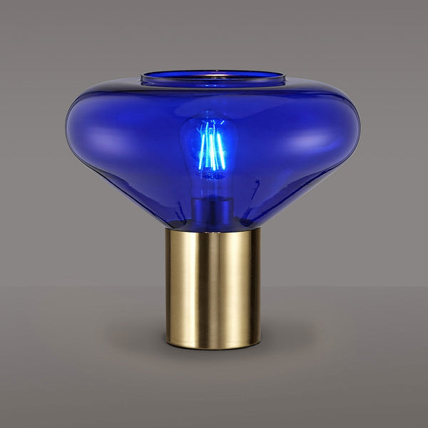 Roborough Wide Table Lamp in Ancient Brass & Blue Ink Glass