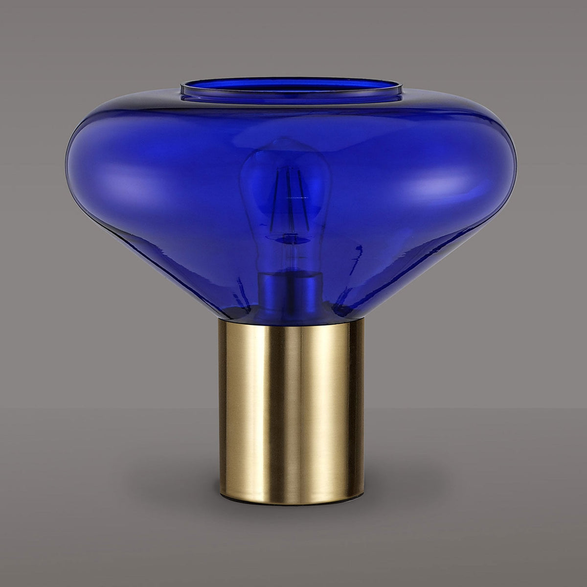 Roborough Wide Table Lamp in Ancient Brass & Blue Ink Glass