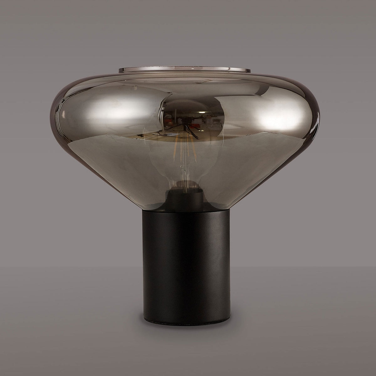 Roborough Wide Table Lamp in Satin Black & Smoke Plated Glass