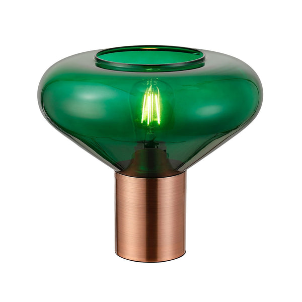 Roborough Wide Table Lamp in Antique Copper & Bottle Green Glass