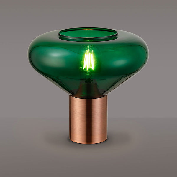 Roborough Wide Table Lamp in Antique Copper & Bottle Green Glass