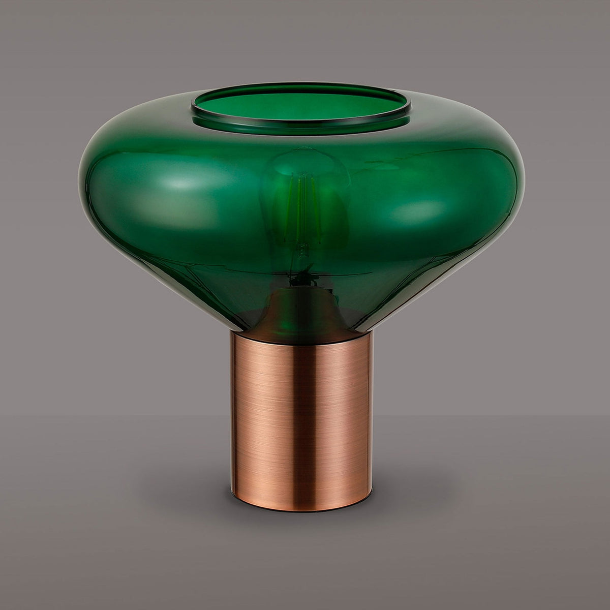 Roborough Wide Table Lamp in Antique Copper & Bottle Green Glass
