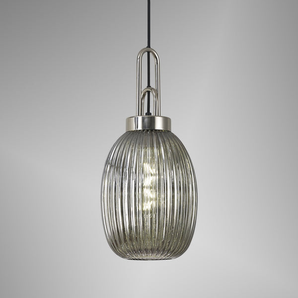 Atherington Almond Pendant in Polished Nickel & Smoked Ribbed Shade