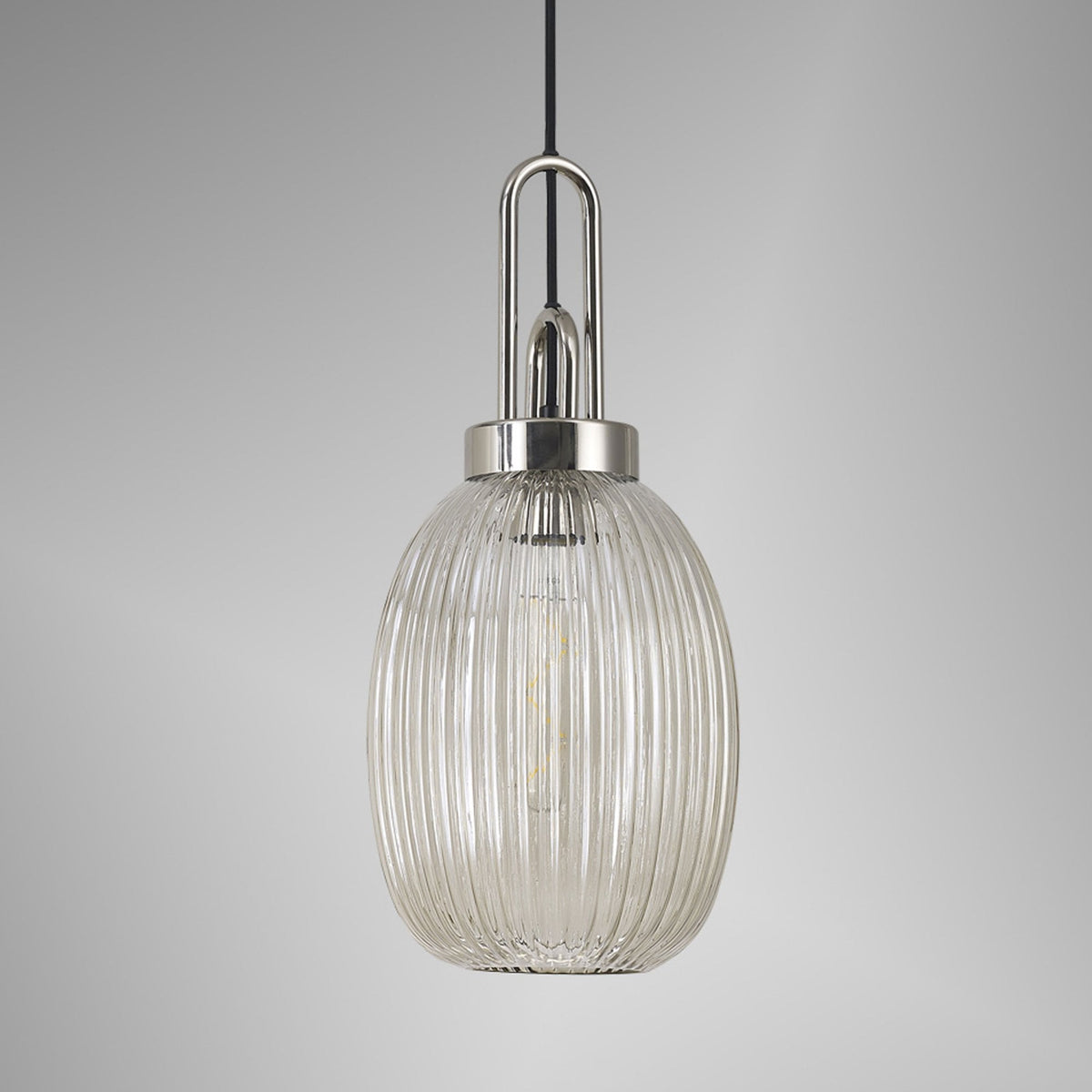 Atherington Almond Pendant in Polished Nickel & Champagne Ribbed Shade