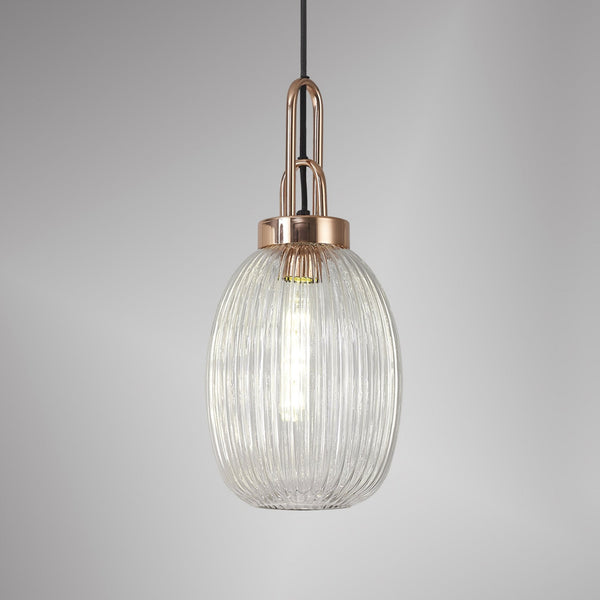 Atherington Almond Pendant in Copper & Clear Ribbed Shade